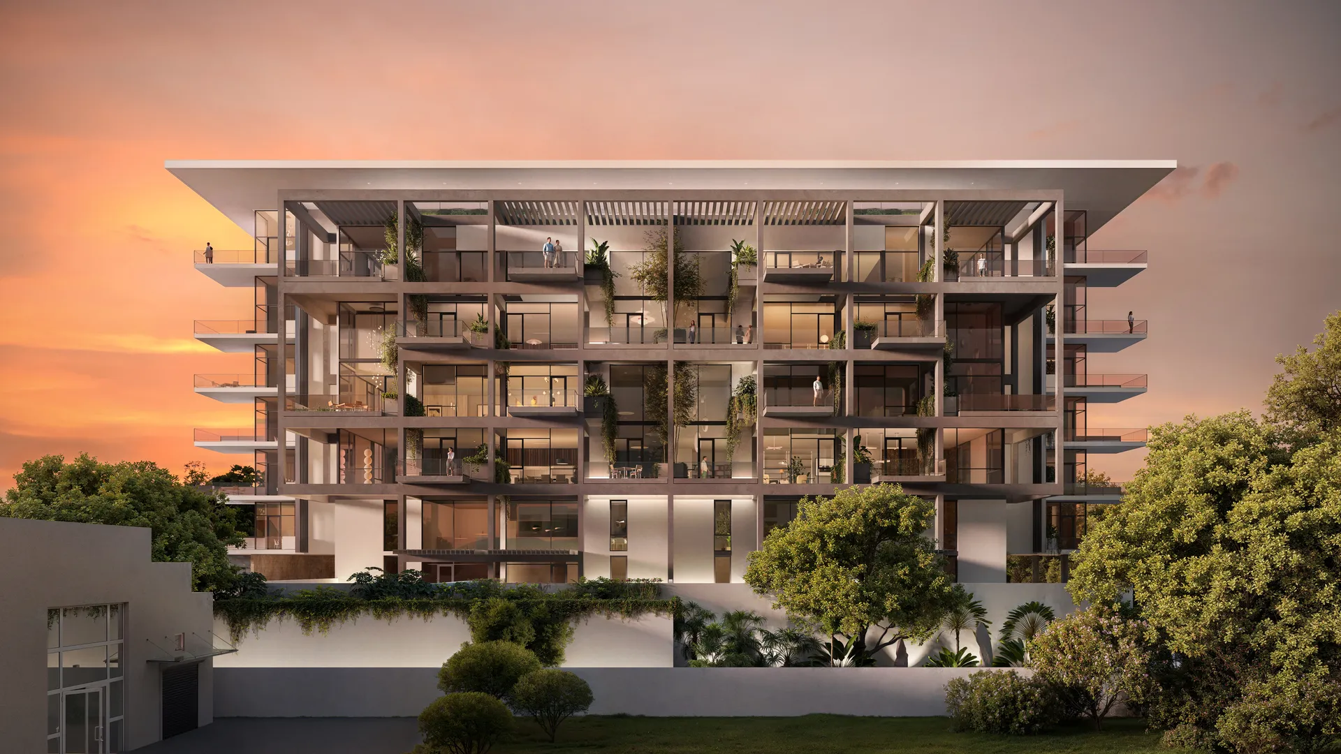 3d rendering in brisbane of a contemporary mid-rise apartment building at sunset, featuring open balconies, integrated greenery, warm interior lighting, and a refined modern architectural façade.